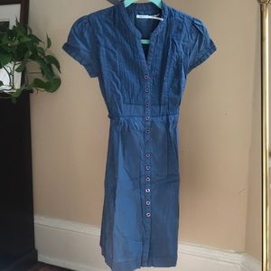 Blue shirt dress with front buttons and waist tie